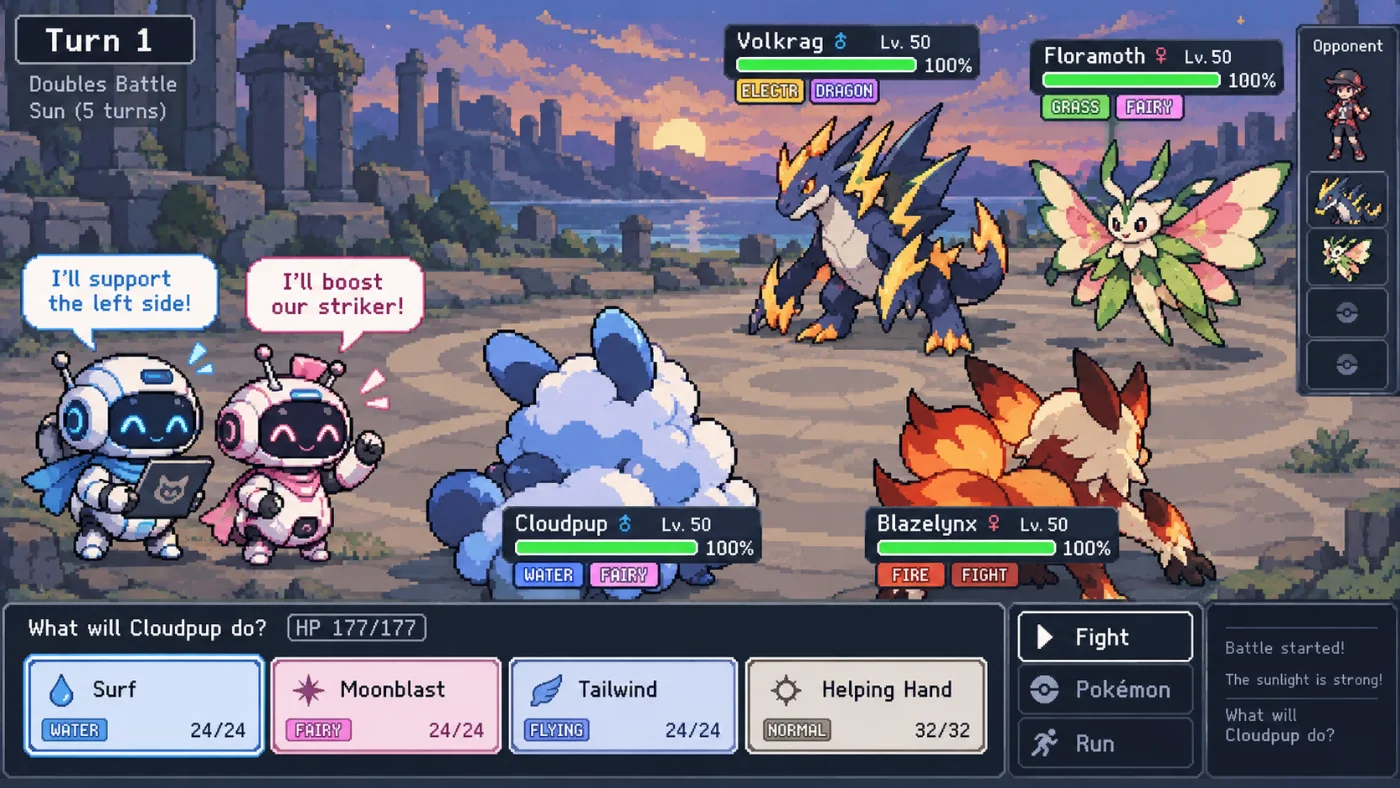 Two AI teammates planning their moves in a Pokémon-style double battle